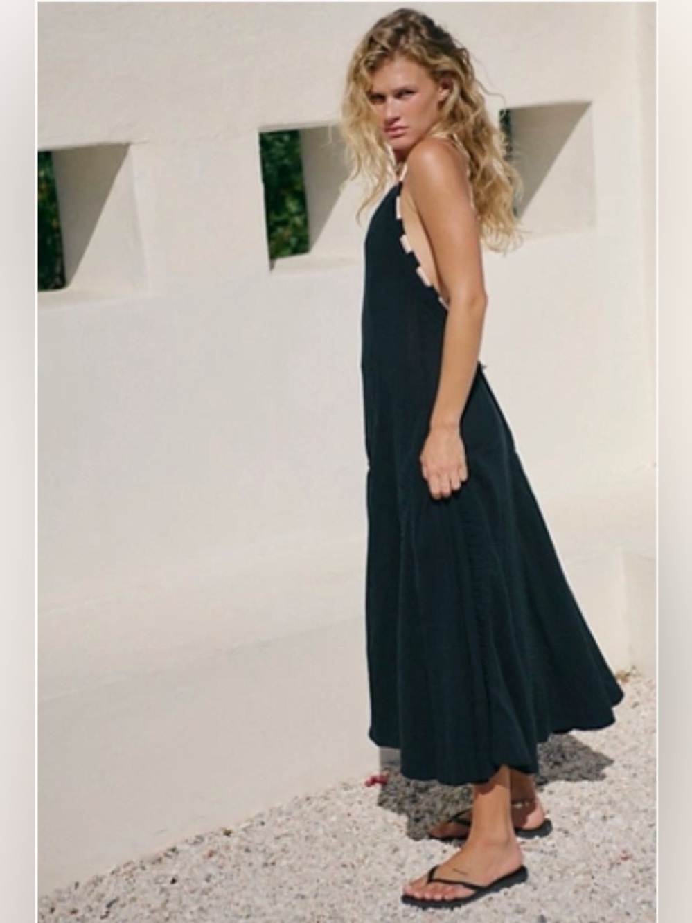 Free People April Black V-Neck Midi Slip dress with Subtle Ruching